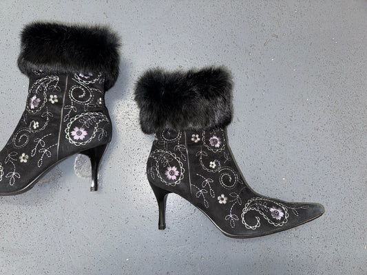 Black Floral Ankle Boots with Fur Trim US 8
