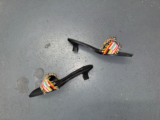 DETAILS Black and Colorful Beaded Kitten Heels Sz US 7.5