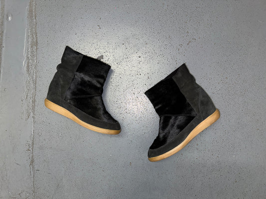 ISABEL MARANT Black Ponyhair and Suede Wedge Ankle Boots