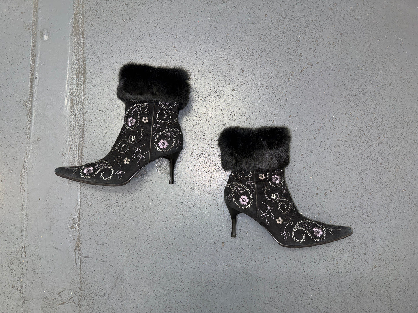 Black Floral Ankle Boots with Fur Trim US 8