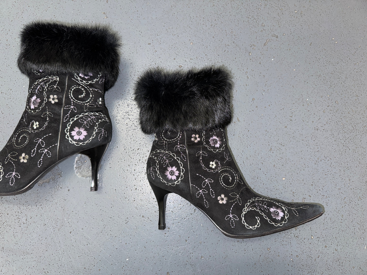 Black Floral Ankle Boots with Fur Trim US 8