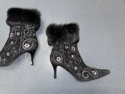 Black Floral Ankle Boots with Fur Trim US 8