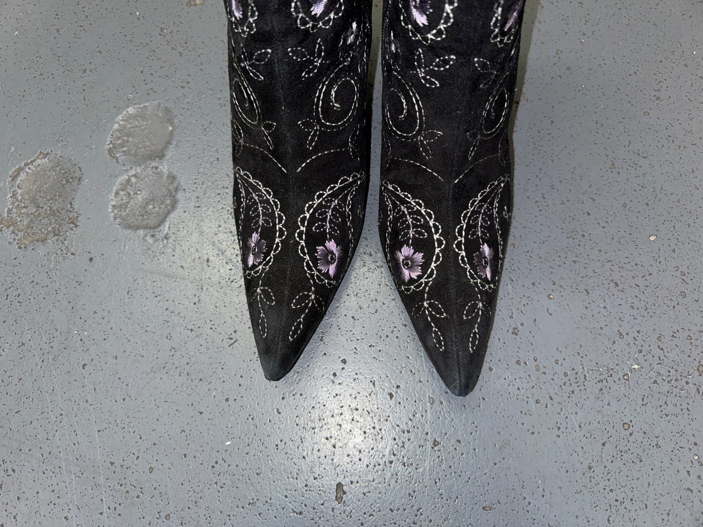 Black Floral Ankle Boots with Fur Trim US 8