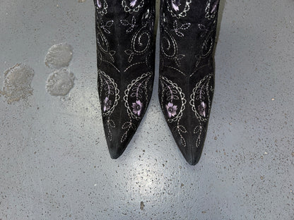 Black Floral Ankle Boots with Fur Trim US 8