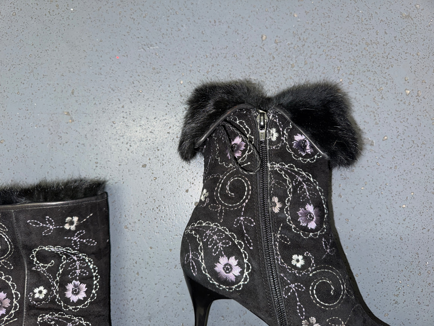 Black Floral Ankle Boots with Fur Trim US 8