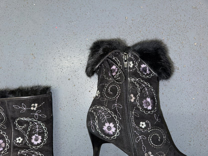 Black Floral Ankle Boots with Fur Trim US 8