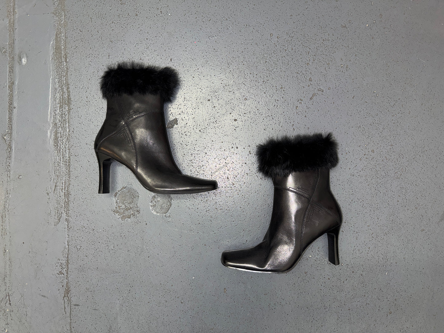 Black Leather Square Toe Boot with Fur Trim US 7