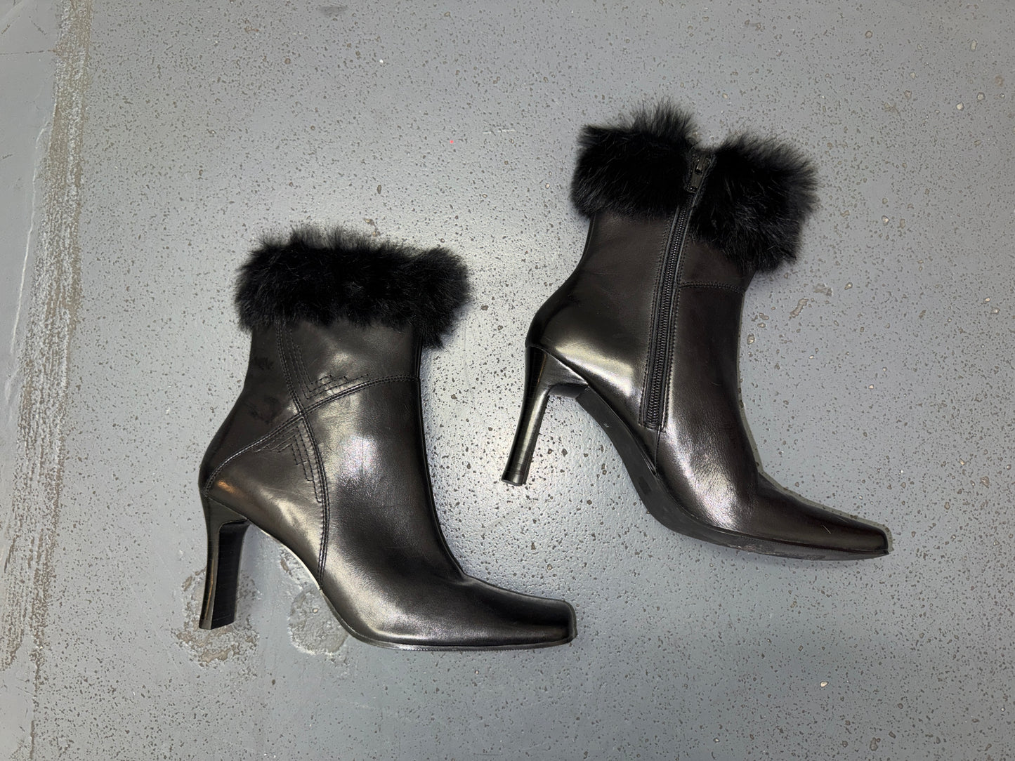 Black Leather Square Toe Boot with Fur Trim US 7
