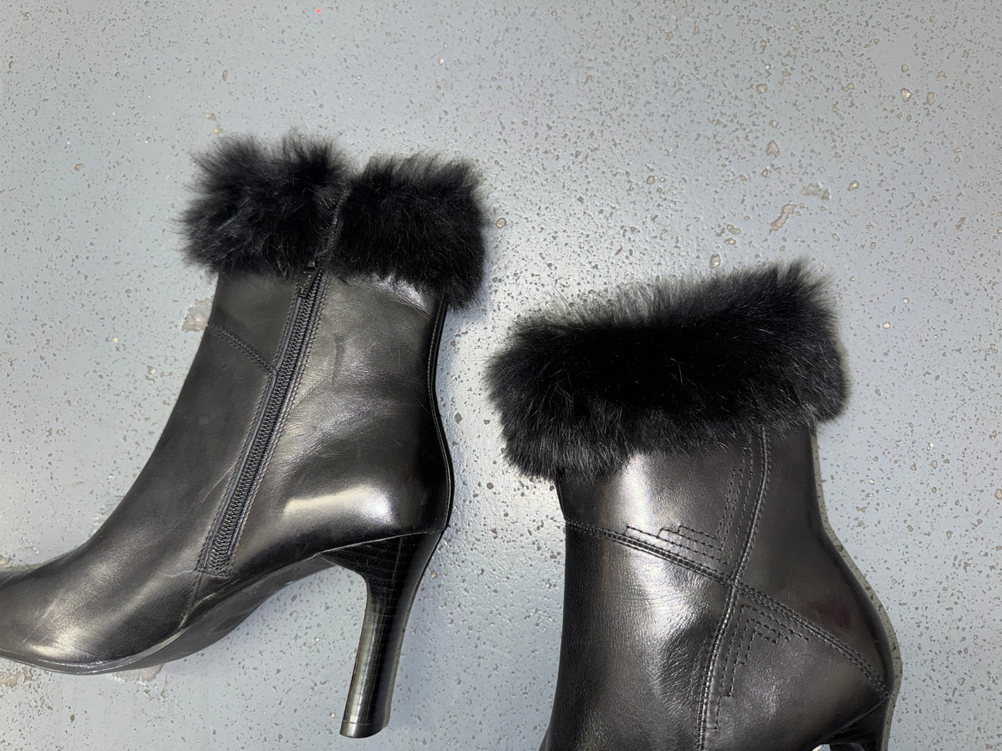 Black Leather Square Toe Boot with Fur Trim US 7