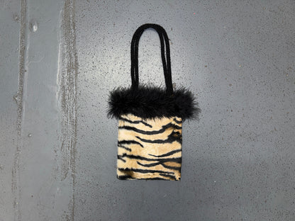 ERMO Tiger Print Faux Fur Bag with Feathers and Beaded Handles