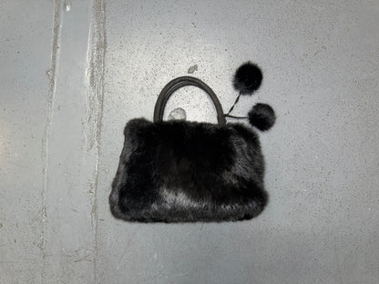 Black Rabbit Fur Bag with Pom Poms