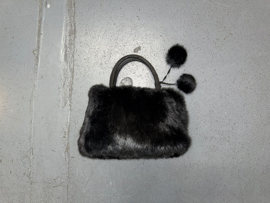 Black Rabbit Fur Bag with Pom Poms