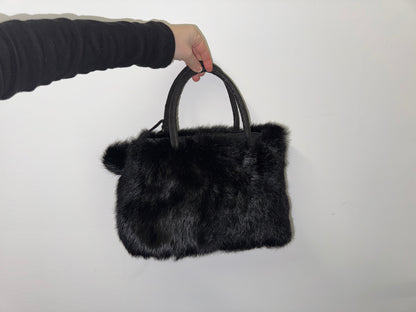 Black Rabbit Fur Bag with Pom Poms