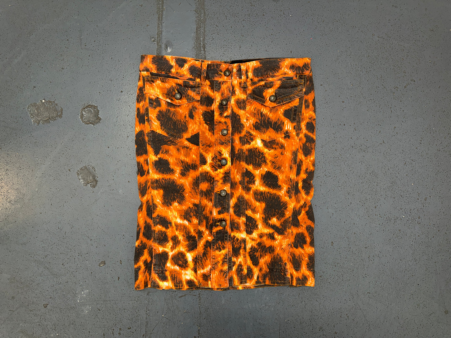 JUST CAVALLI Orange/Black Animal Print Denim Midi Skirt