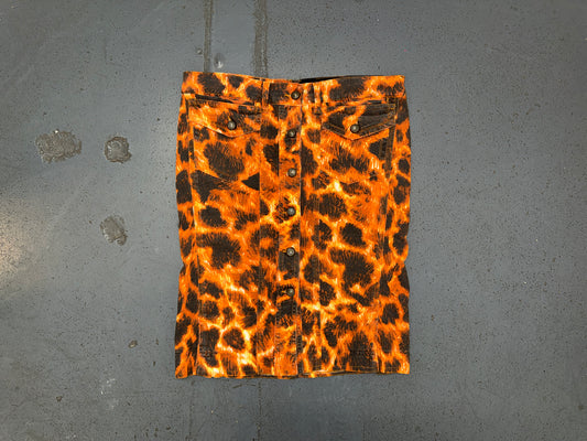 JUST CAVALLI Orange/Black Animal Print Denim Midi Skirt