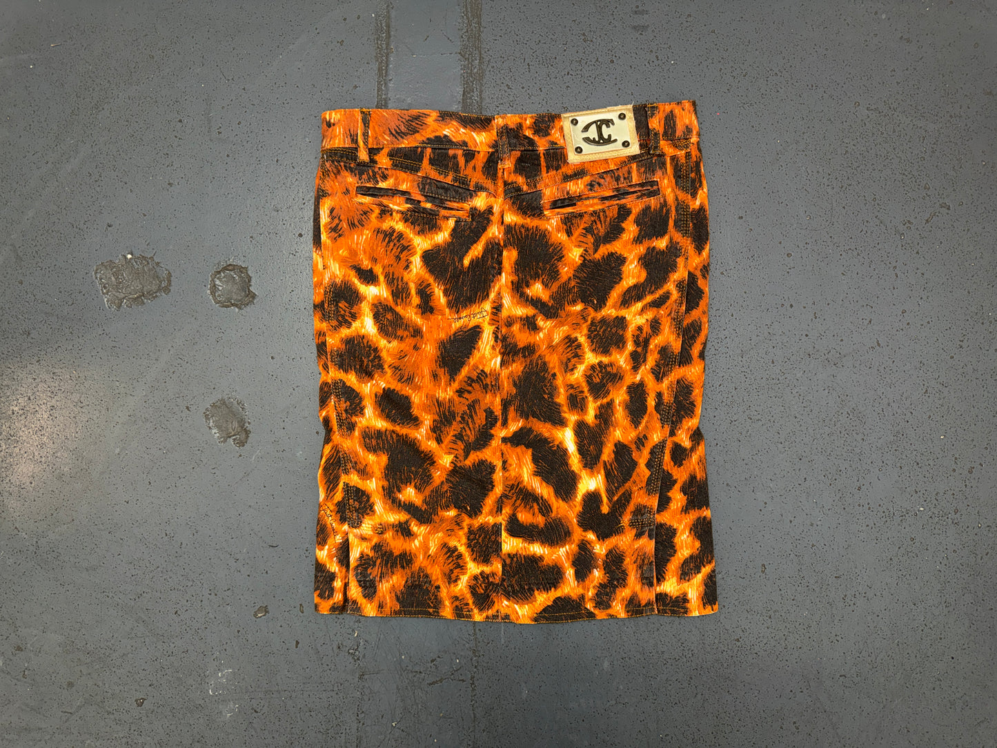 JUST CAVALLI Orange/Black Animal Print Denim Midi Skirt