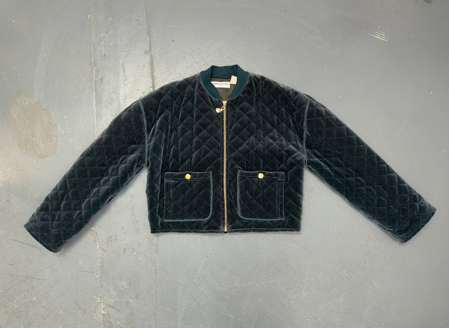 SONIA RYKIEL Dark Green Velvet Quilted Bomber Jacket