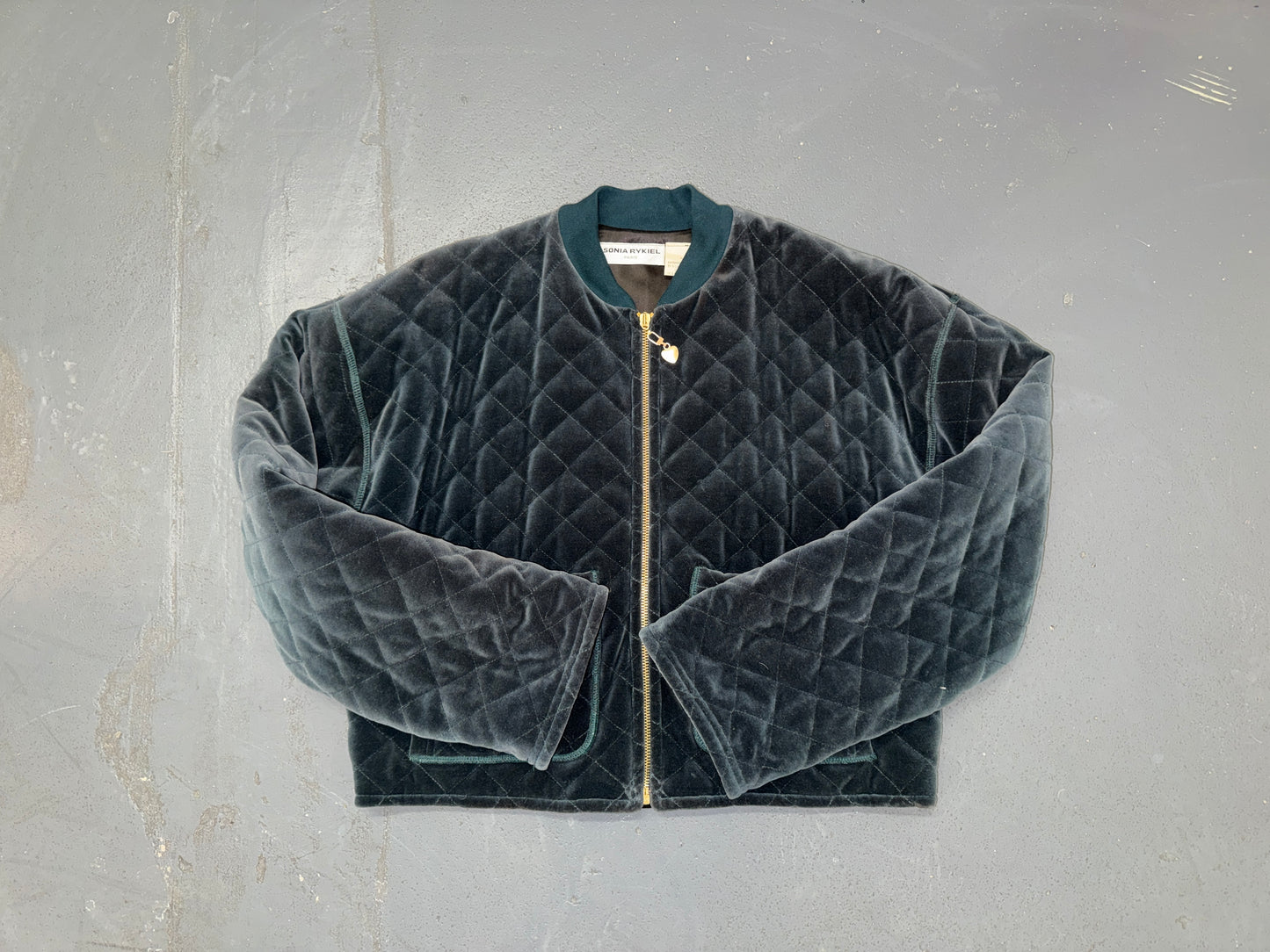 SONIA RYKIEL Dark Green Velvet Quilted Bomber Jacket