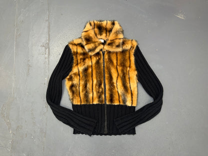 Black and Faux Fur Zip Up Sweater