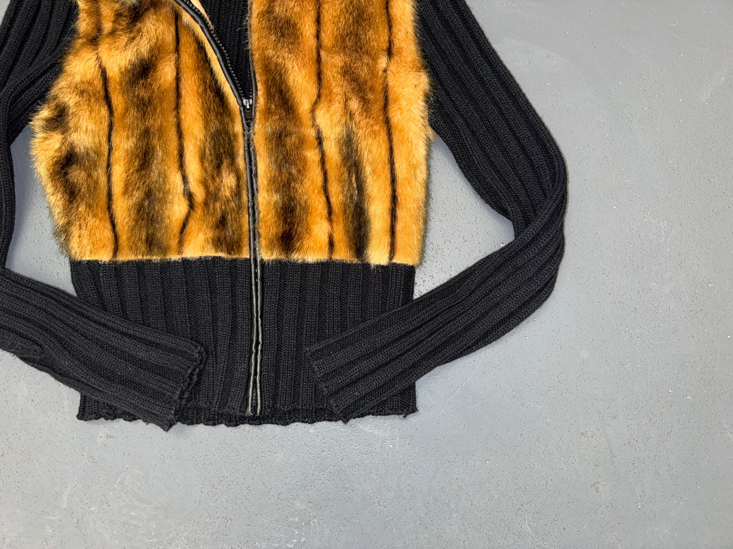 Black and Faux Fur Zip Up Sweater