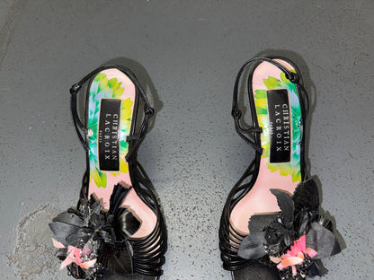 CHRISTIAN LACROIX Black Flower Strappy High Heels IT 36