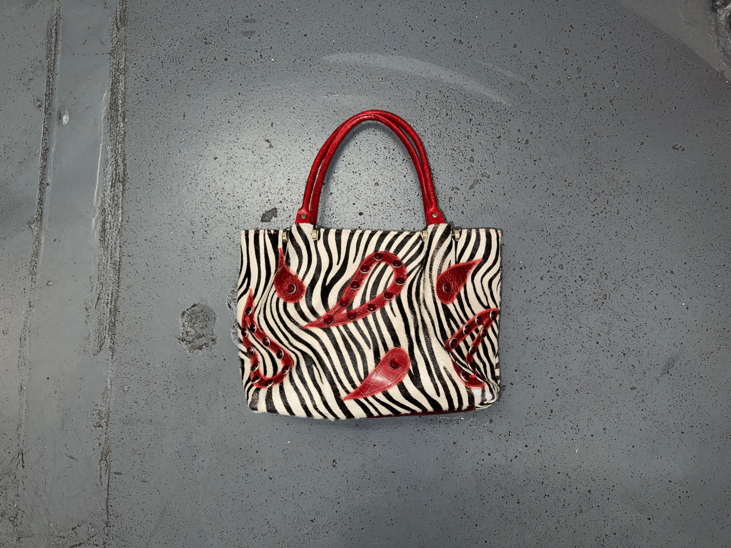 CECCONI PIERO Ponyhair Zebra Print and Red Tote Bag