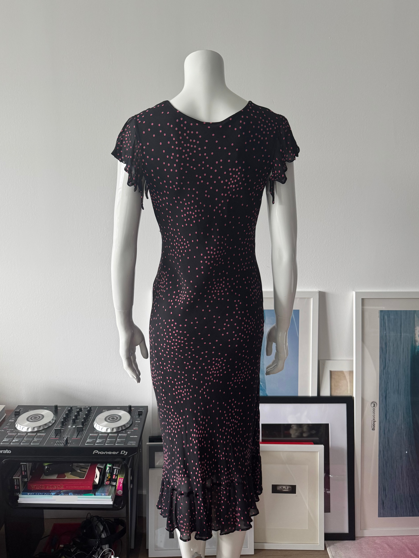JESSICA Black and Pink Polka Dot Midi Dress