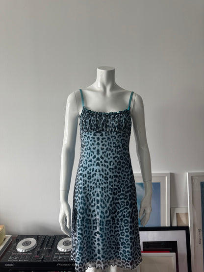 Blue Leopard Print Milkmaid Mini Dress