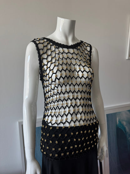 Black Crochet Knit Sleeveless Top with Gold Beads