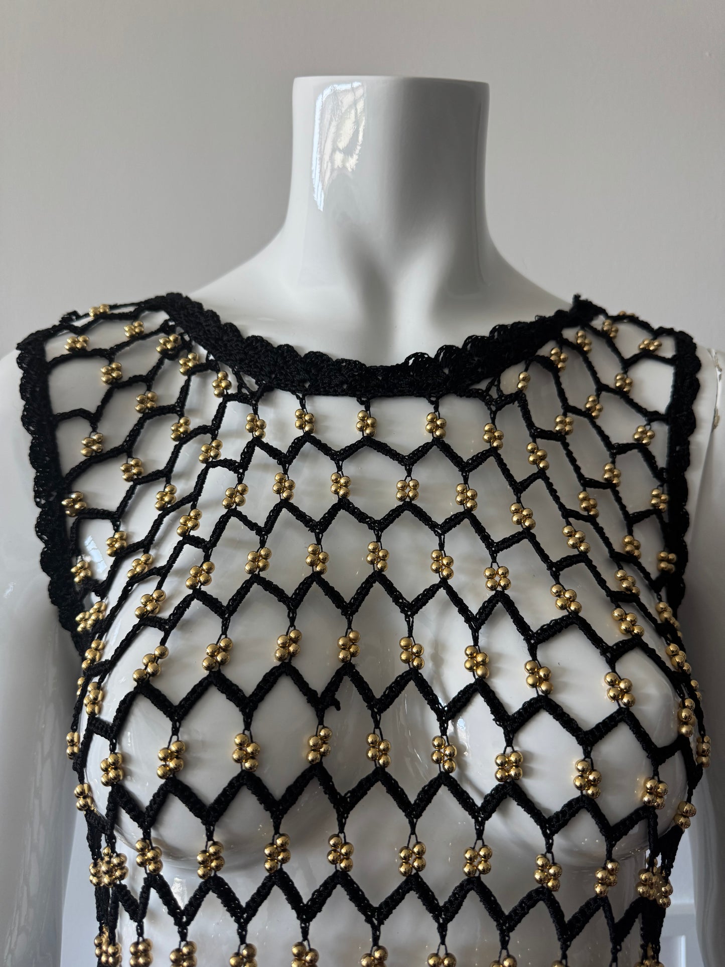 Black Crochet Knit Sleeveless Top with Gold Beads