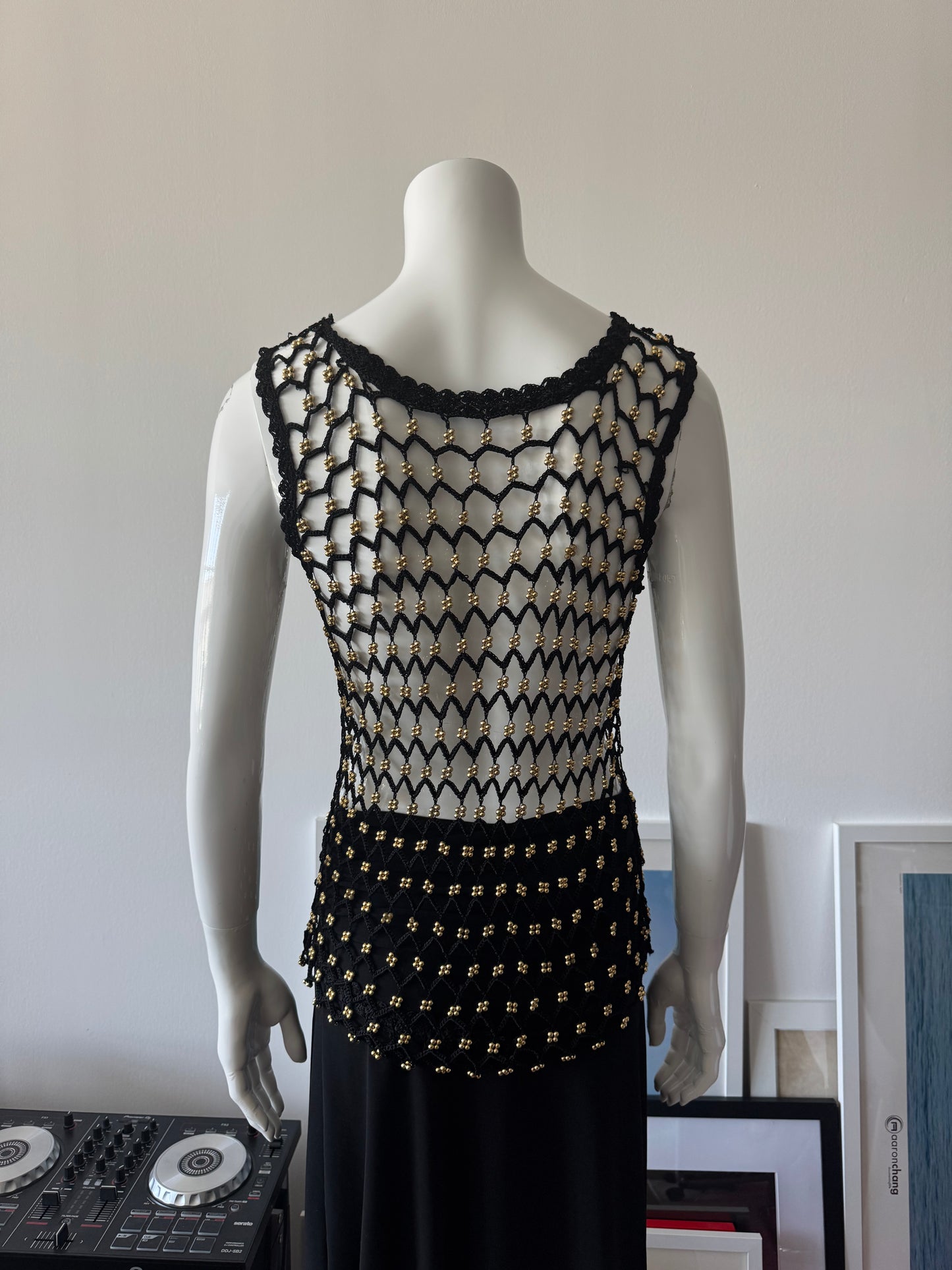 Black Crochet Knit Sleeveless Top with Gold Beads