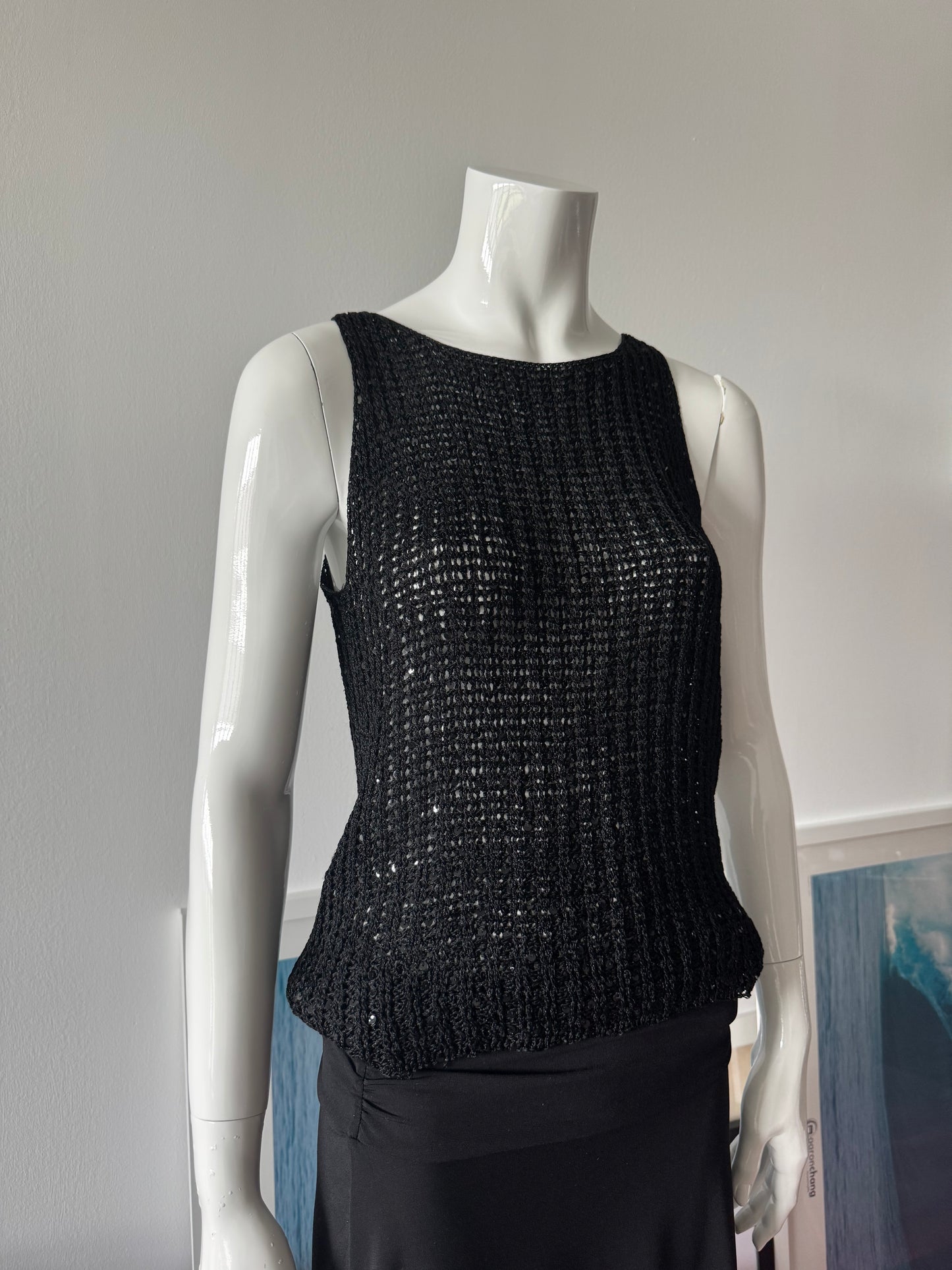 Black Sequin Crochet Knit Sleeveless Top