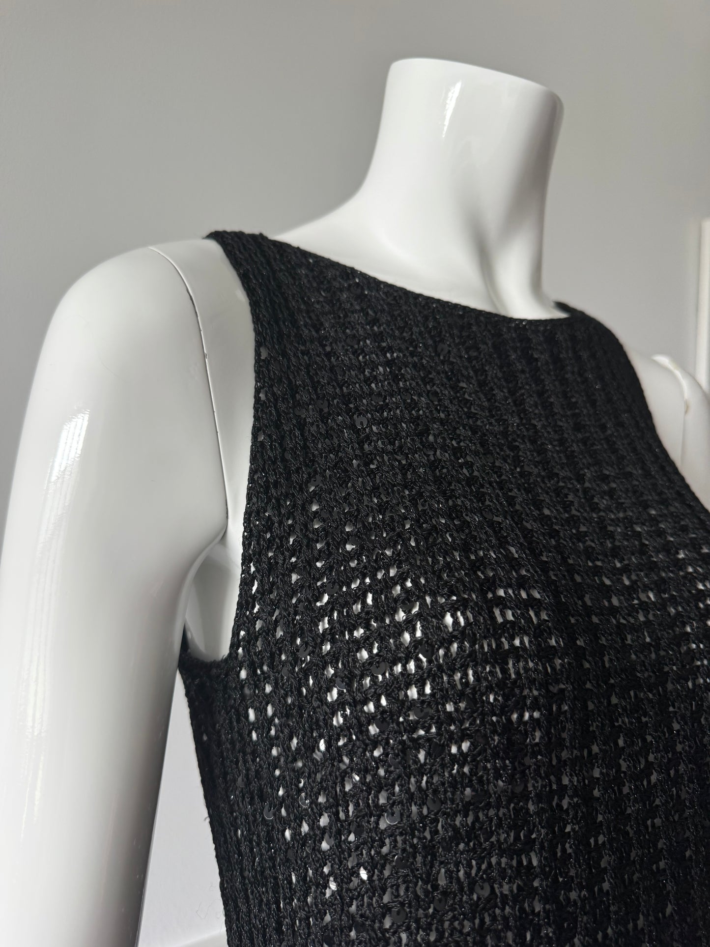Black Sequin Crochet Knit Sleeveless Top