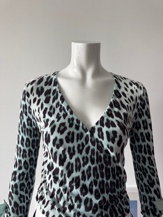 BLUMARINE Blue Leopard Print Wrap Sweater