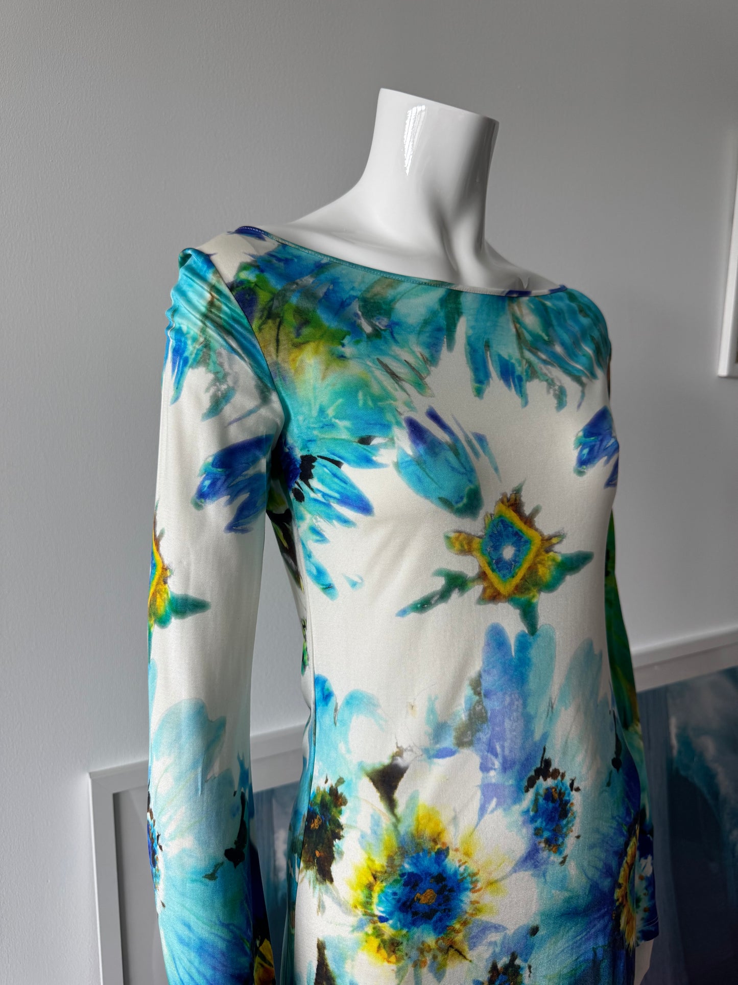 BLUMARINE Silk Blue/Green Floral Print Mini Dress