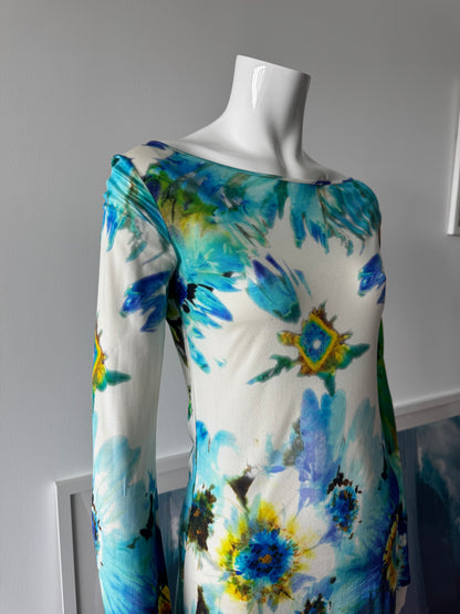 BLUMARINE Silk Blue/Green Floral Print Mini Dress