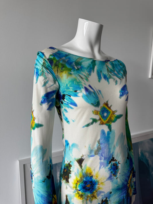 BLUMARINE Silk Blue/Green Floral Print Mini Dress