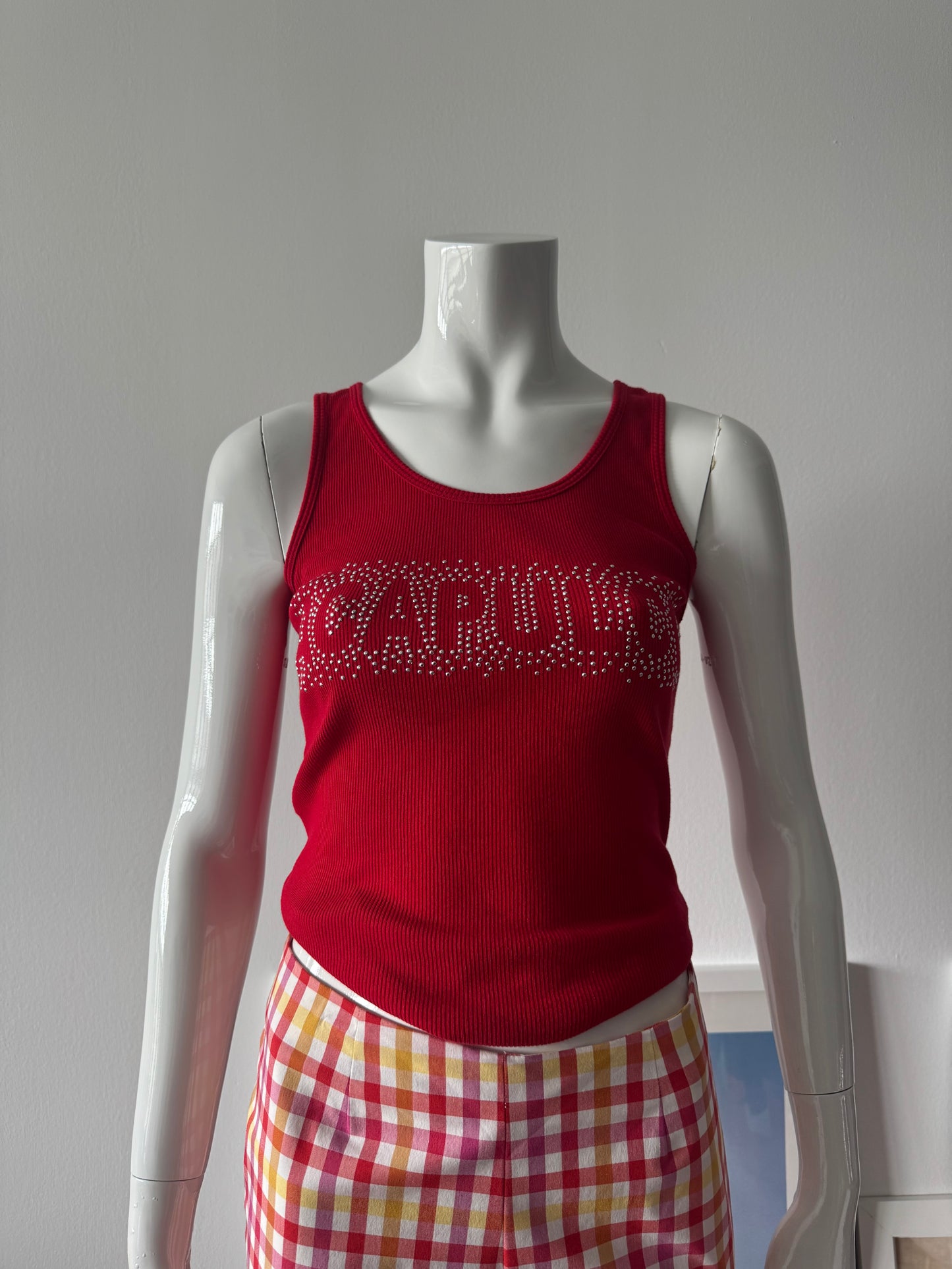 Red Ribbed Tank Top with 'Acapulco' Rhinestone Logo