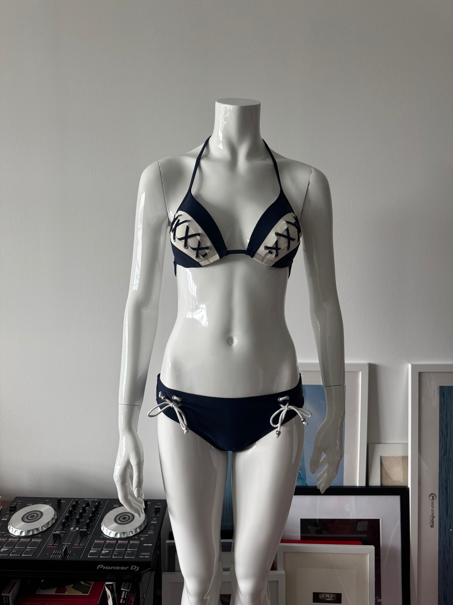 Navy And White Lace Detail Bikini Top and Bottom