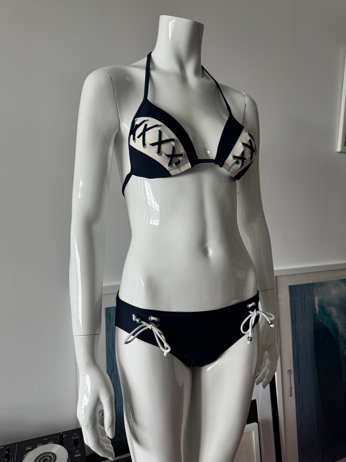 Navy And White Lace Detail Bikini Top and Bottom