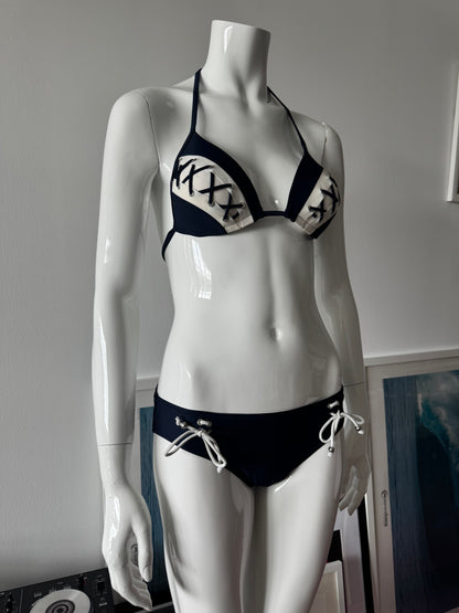 Navy And White Lace Detail Bikini Top and Bottom