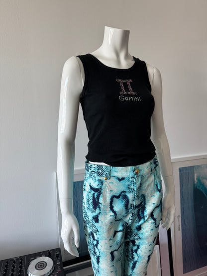 Black Ribbed Tank Top with Gemini Rhinestone Logo