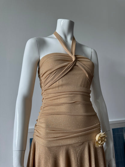 RUBY ROX Gold Glitter Fairy Halter Mini Dress