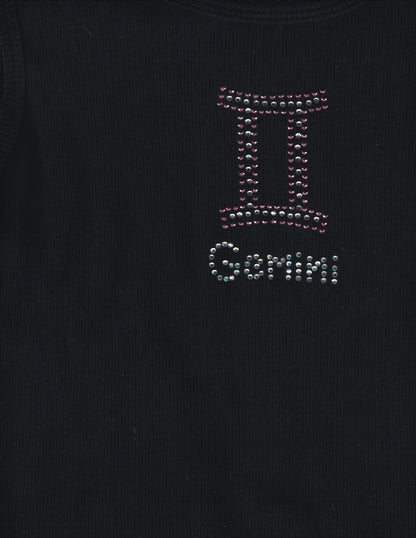 Black Ribbed Tank Top with Gemini Rhinestone Logo