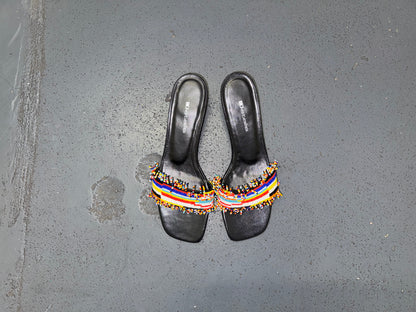DETAILS Black and Colorful Beaded Kitten Heels Sz US 7.5