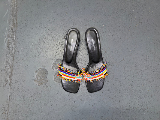 DETAILS Black and Colorful Beaded Kitten Heels Sz US 7.5