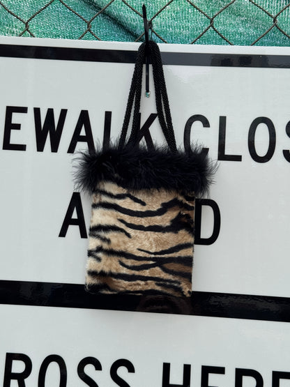 ERMO Tiger Print Faux Fur Bag with Feathers and Beaded Handles