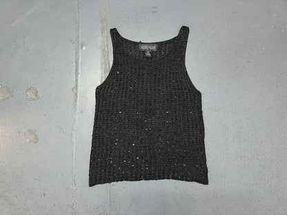 Black Sequin Crochet Knit Sleeveless Top