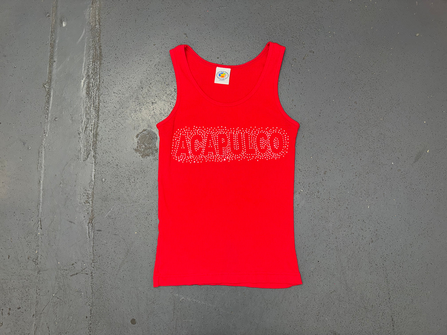 Red Ribbed Tank Top with 'Acapulco' Rhinestone Logo
