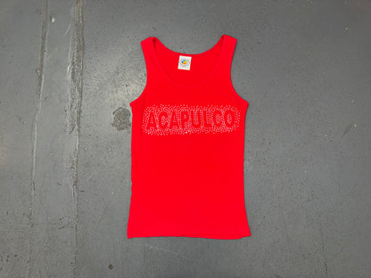 Red Ribbed Tank Top with 'Acapulco' Rhinestone Logo
